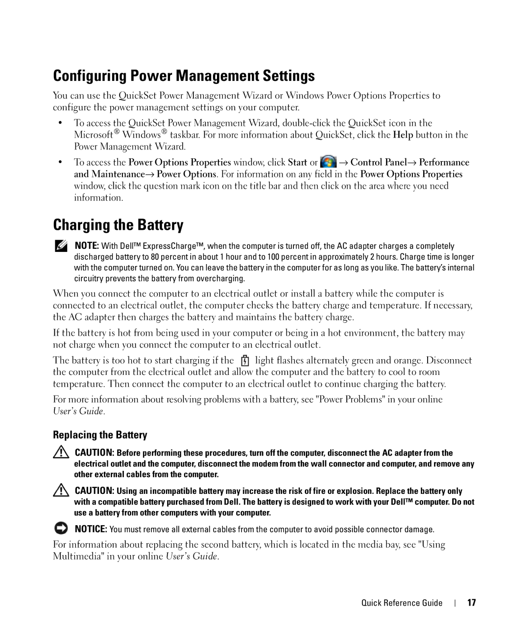 Dell D830 manual Configuring Power Management Settings, Charging the Battery, Replacing the Battery 