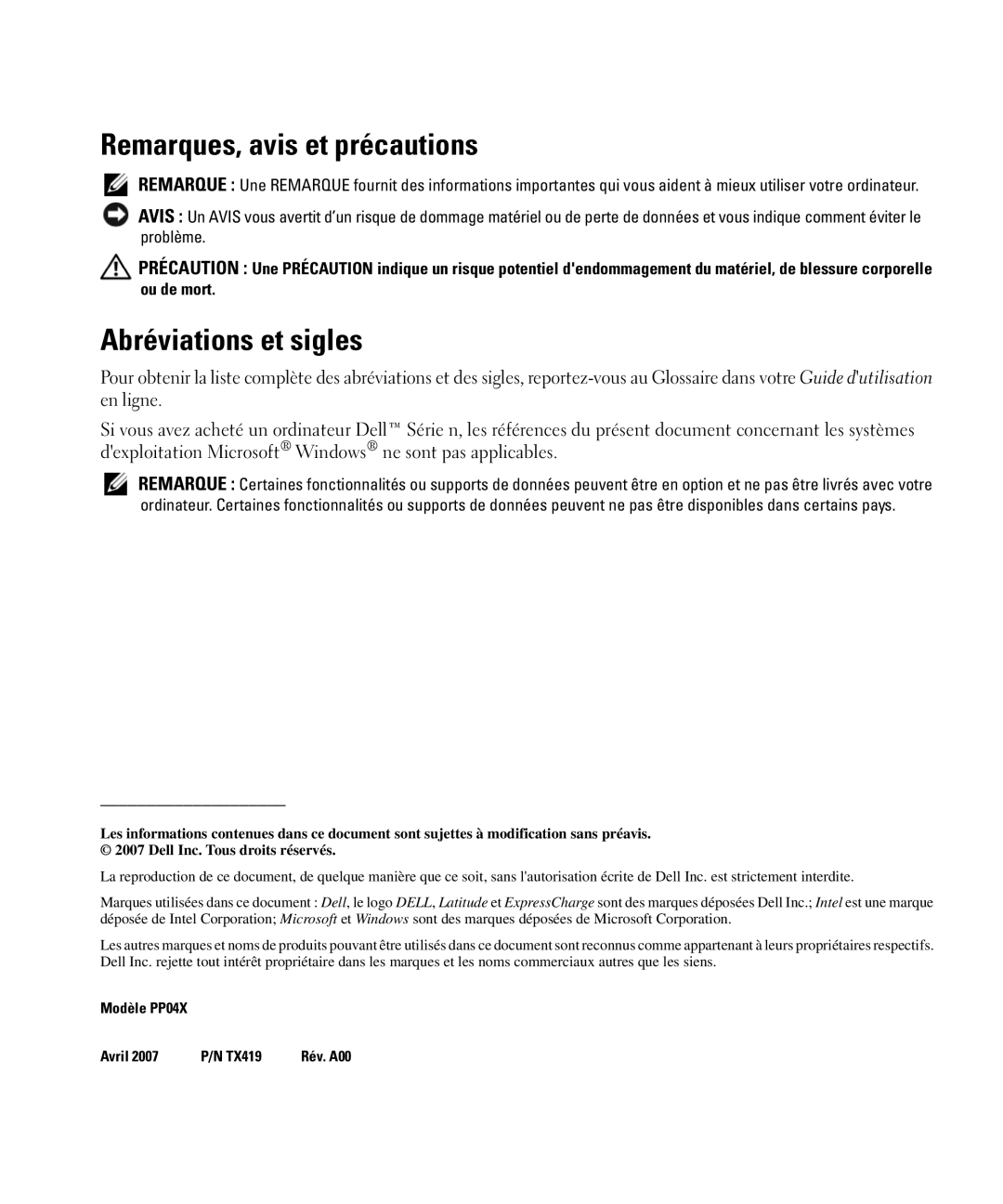 Dell D830 manual Remarques, avis et précautions, Abréviations et sigles 