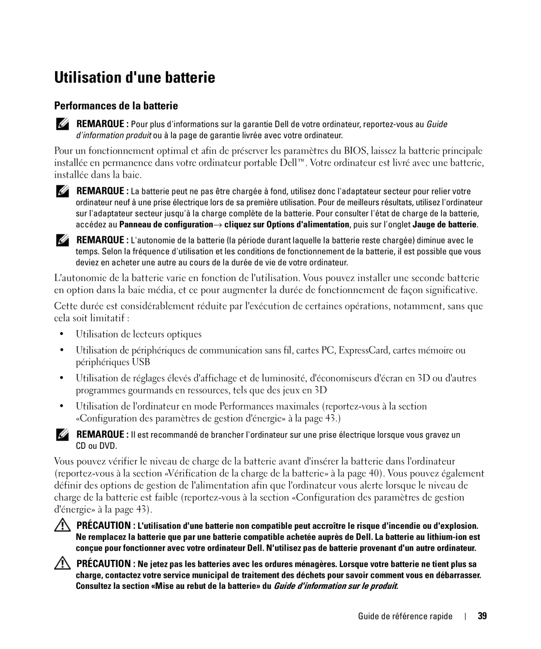 Dell D830 manual Utilisation dune batterie, Performances de la batterie 