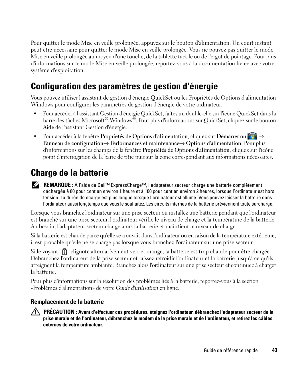 Dell D830 manual Configuration des paramètres de gestion dénergie, Charge de la batterie, Remplacement de la batterie 