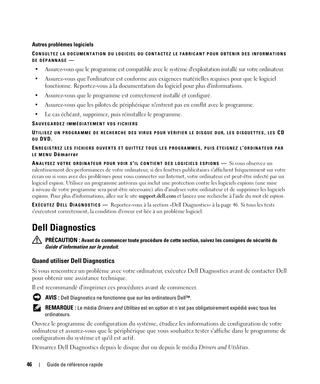 Dell D830 manual Quand utiliser Dell Diagnostics, Autres problèmes logiciels 