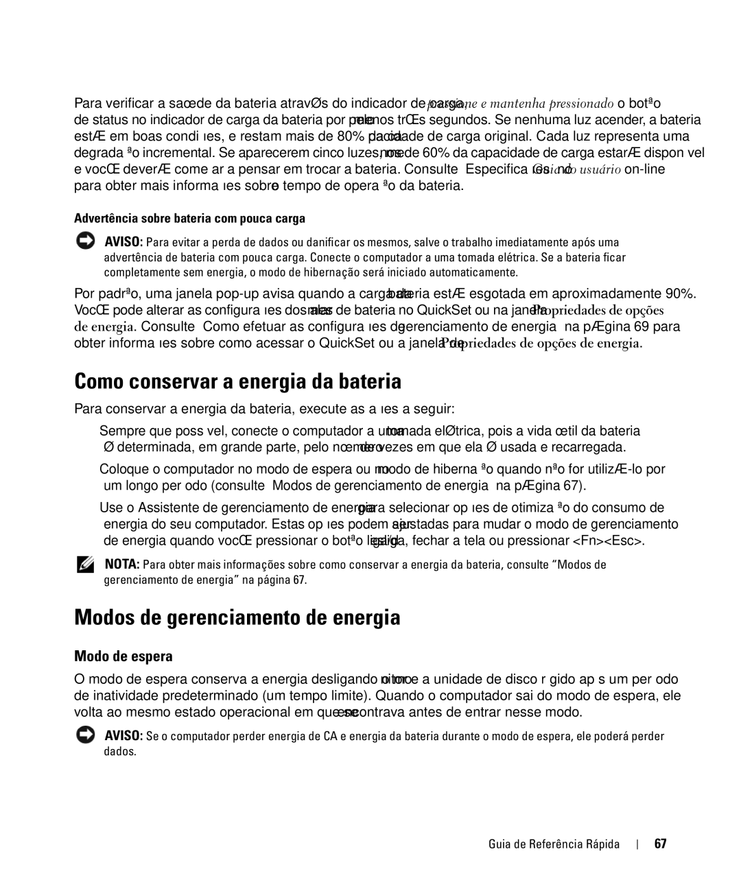 Dell D830 manual Como conservar a energia da bateria, Modos de gerenciamento de energia, Modo de espera 