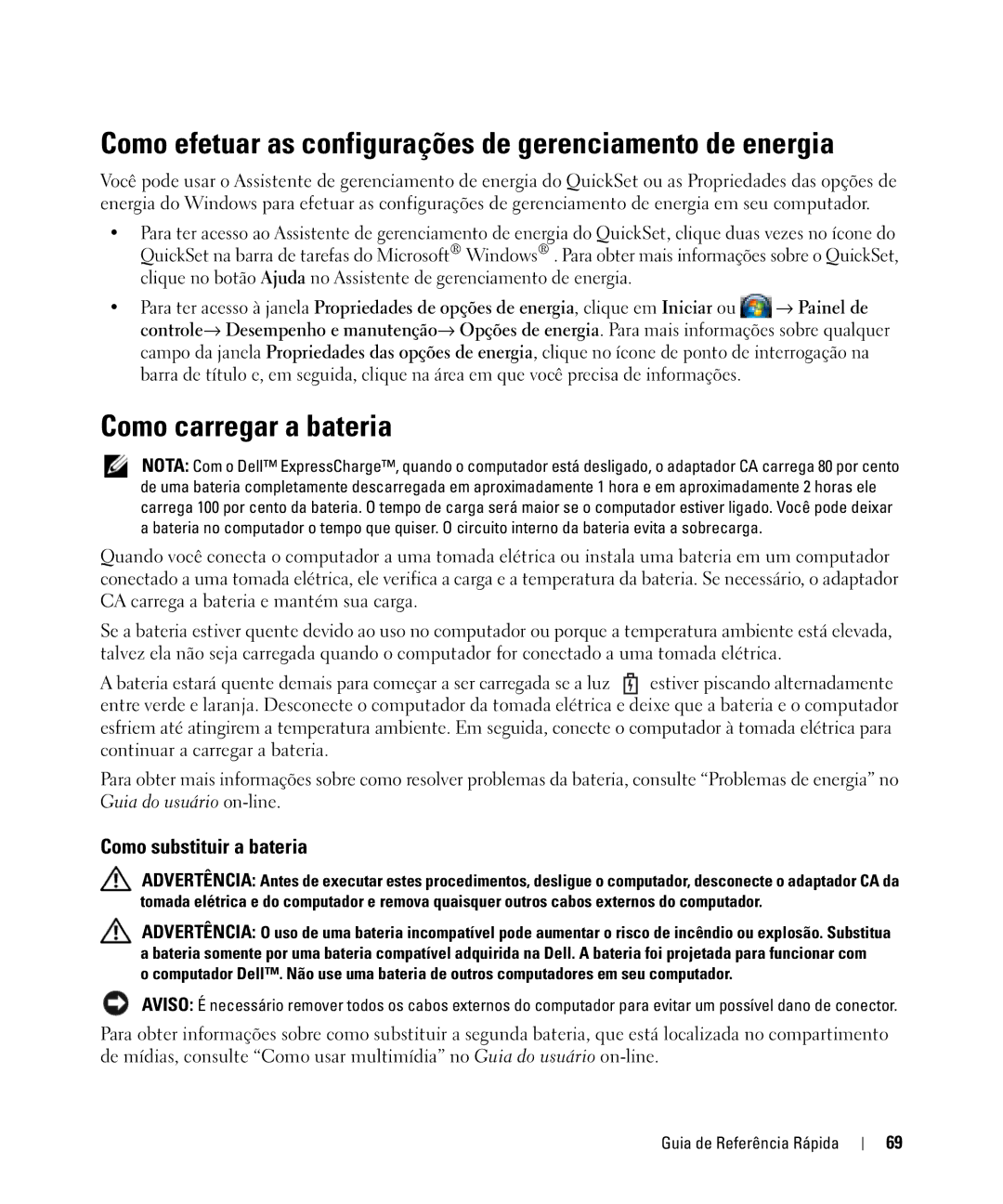 Dell D830 Como efetuar as configurações de gerenciamento de energia, Como carregar a bateria, Como substituir a bateria 