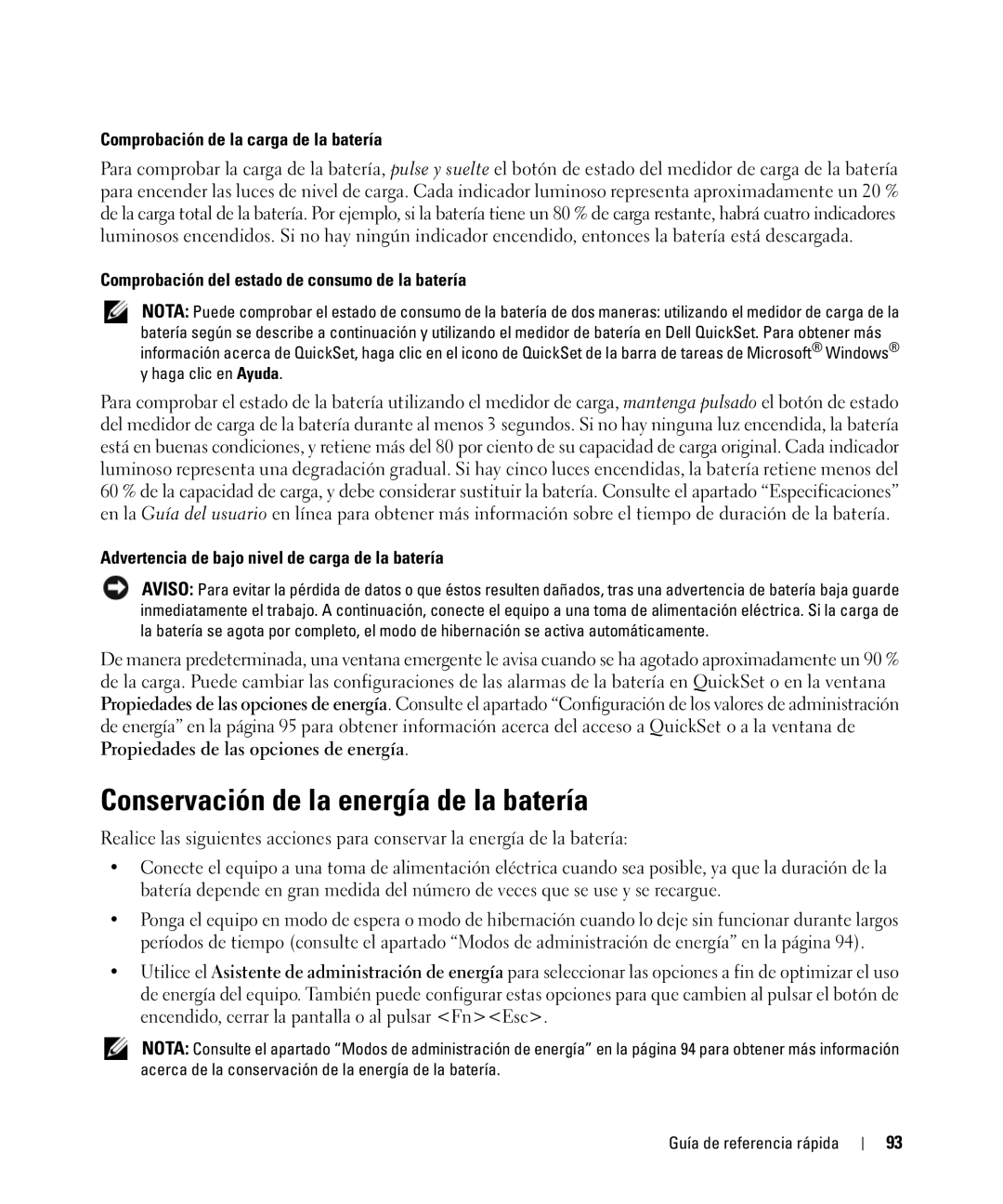 Dell D830 manual Conservación de la energía de la batería, Comprobación de la carga de la batería 