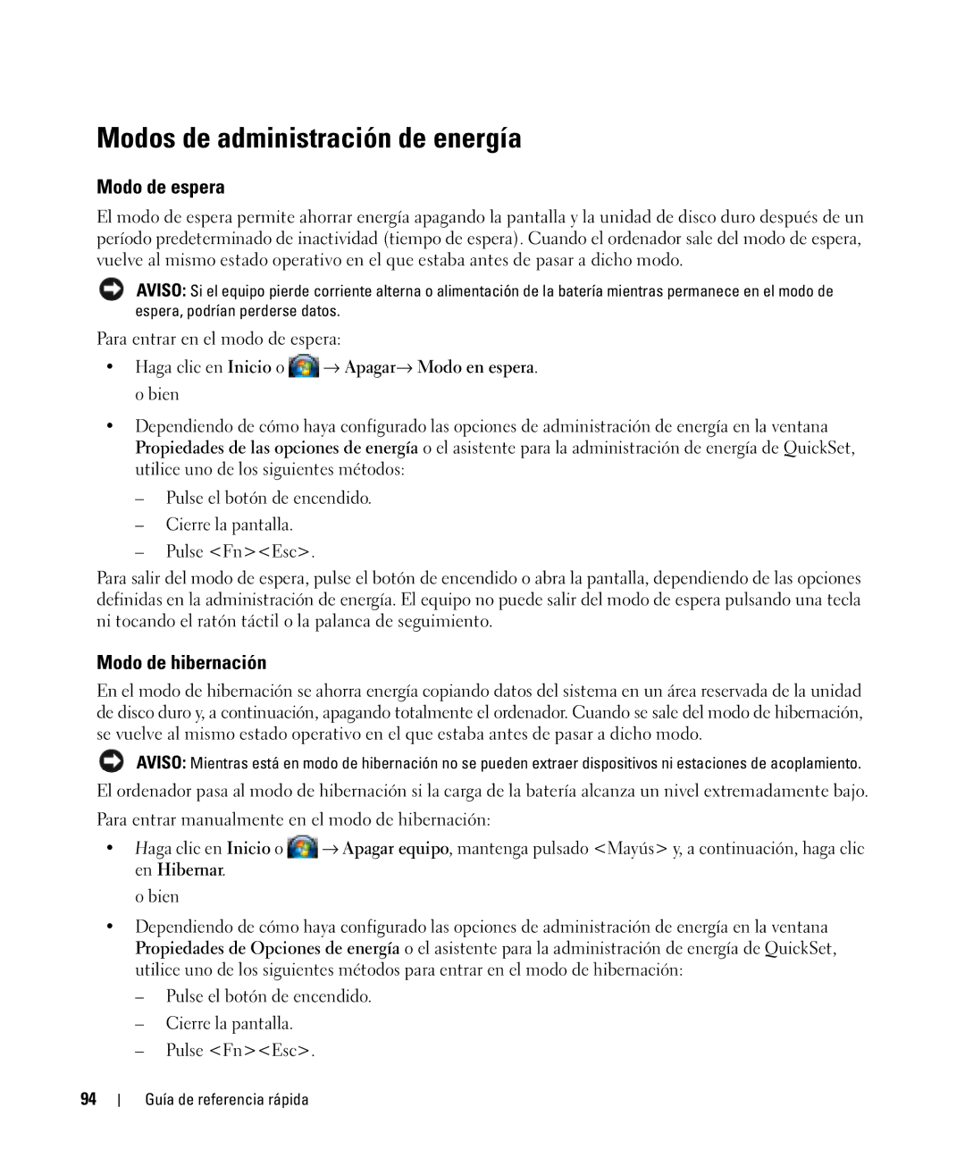 Dell D830 manual Modos de administración de energía, Modo de hibernación 