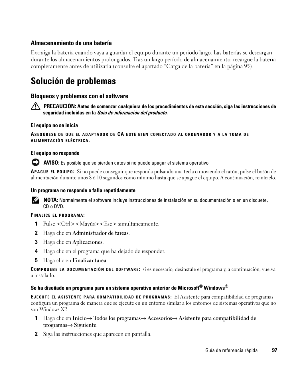 Dell D830 manual Solución de problemas, Almacenamiento de una batería, Bloqueos y problemas con el software 