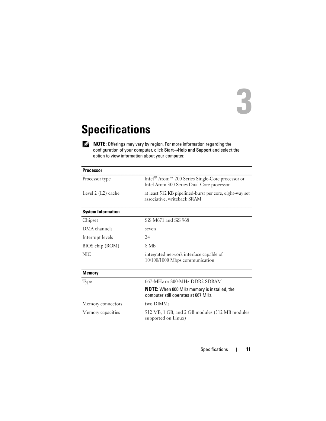 Dell DC01T specifications Specifications, Nic 