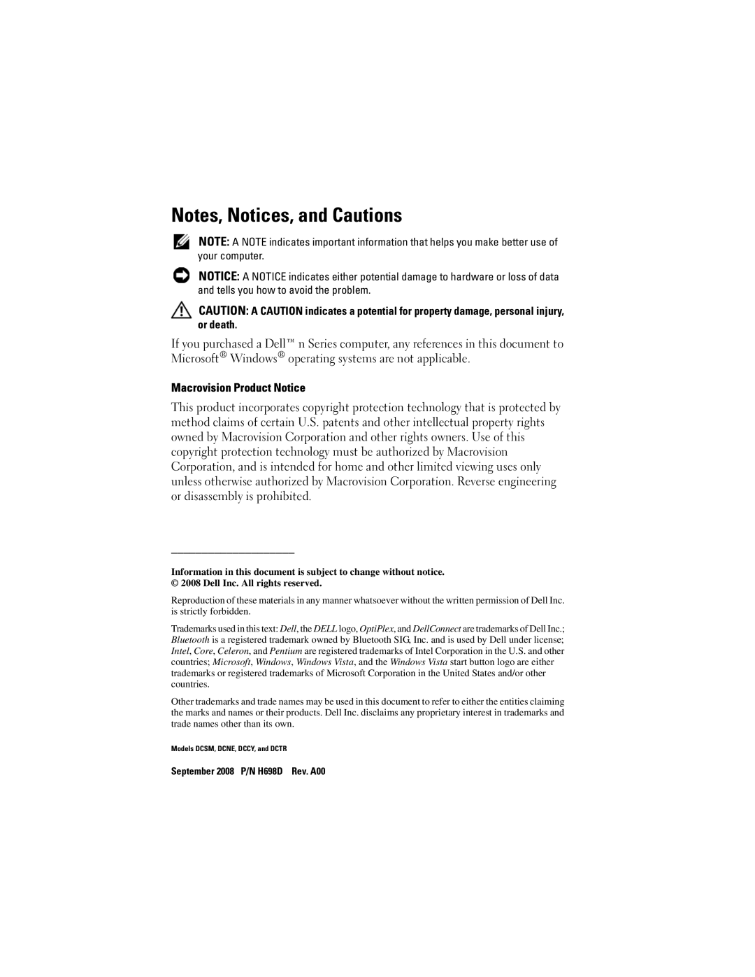 Dell DCTR, DCCY, DCNE specifications September 2008 P/N H698D Rev. A00 