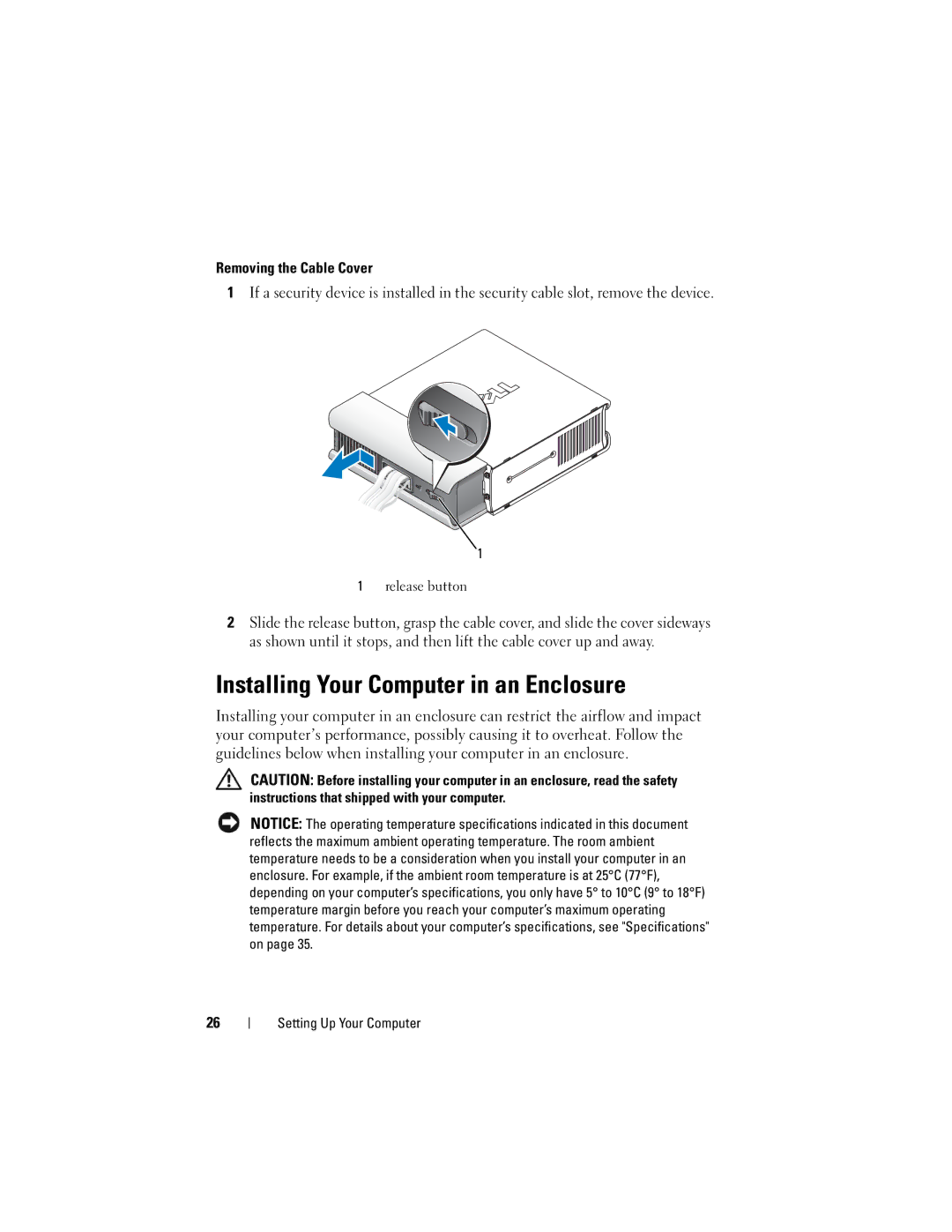 Dell DCTR, DCCY, H698D, DCNE specifications Installing Your Computer in an Enclosure, Release button 