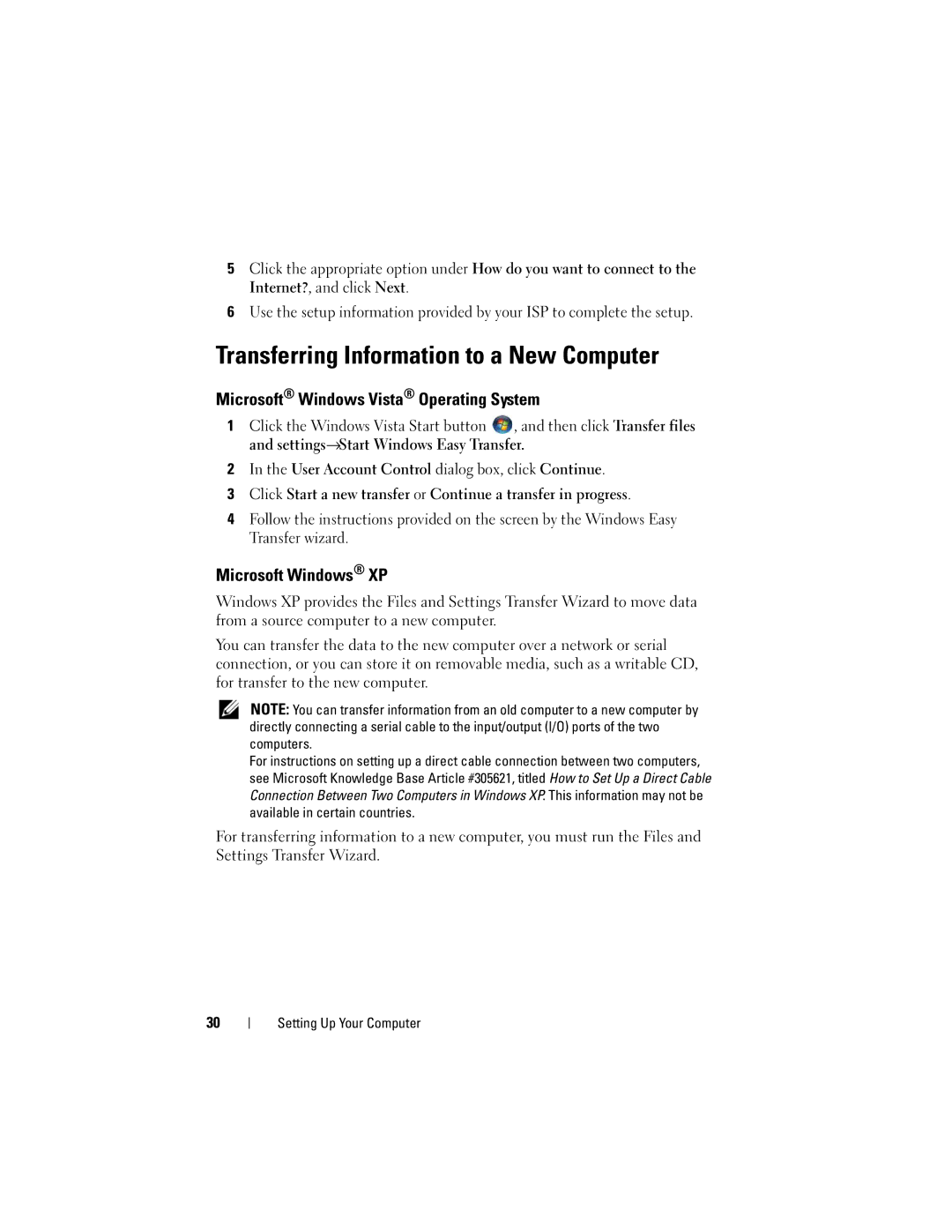 Dell DCTR, DCCY Transferring Information to a New Computer, Microsoft Windows Vista Operating System, Microsoft Windows XP 