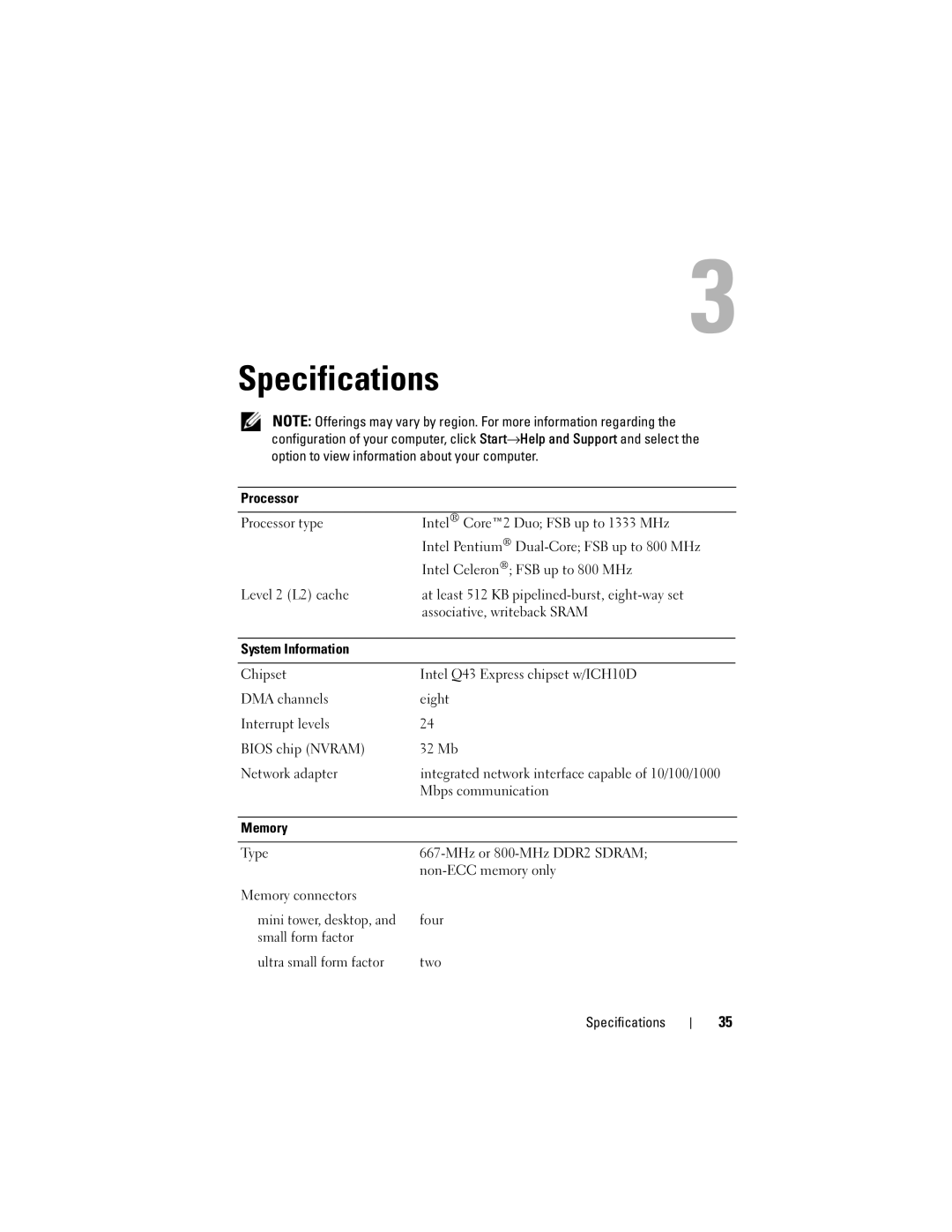 Dell DCNE, DCCY, H698D, DCTR specifications Specifications 