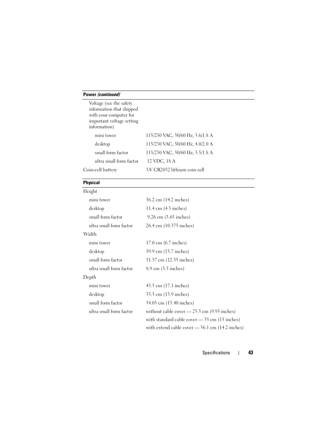 Dell DCNE, DCCY, H698D, DCTR specifications Power 