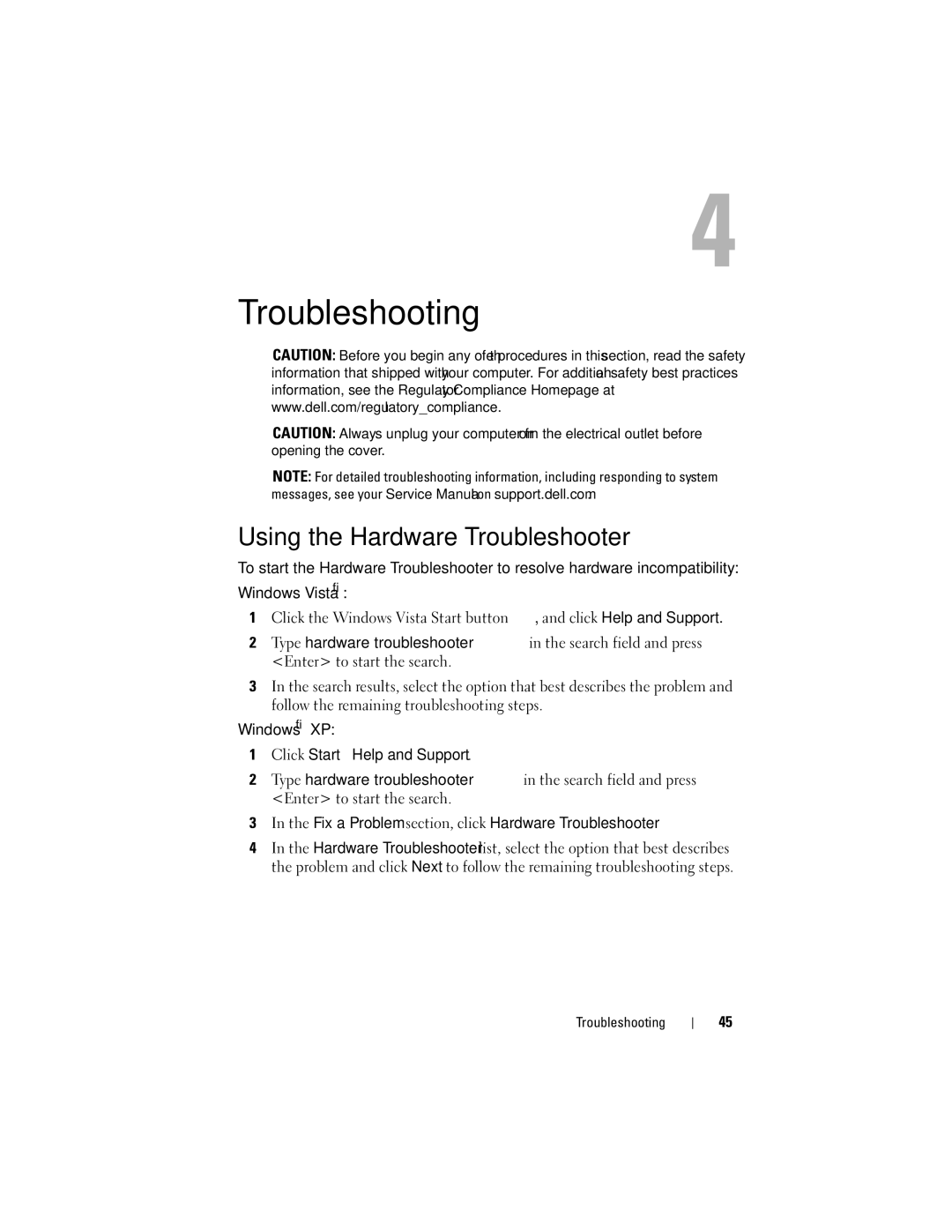 Dell H698D, DCCY, DCTR, DCNE specifications Troubleshooting, Using the Hardware Troubleshooter 