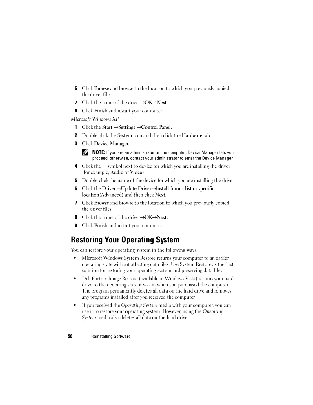 Dell DCCY, H698D, DCTR, DCNE Restoring Your Operating System, You can restore your operating system in the following ways 