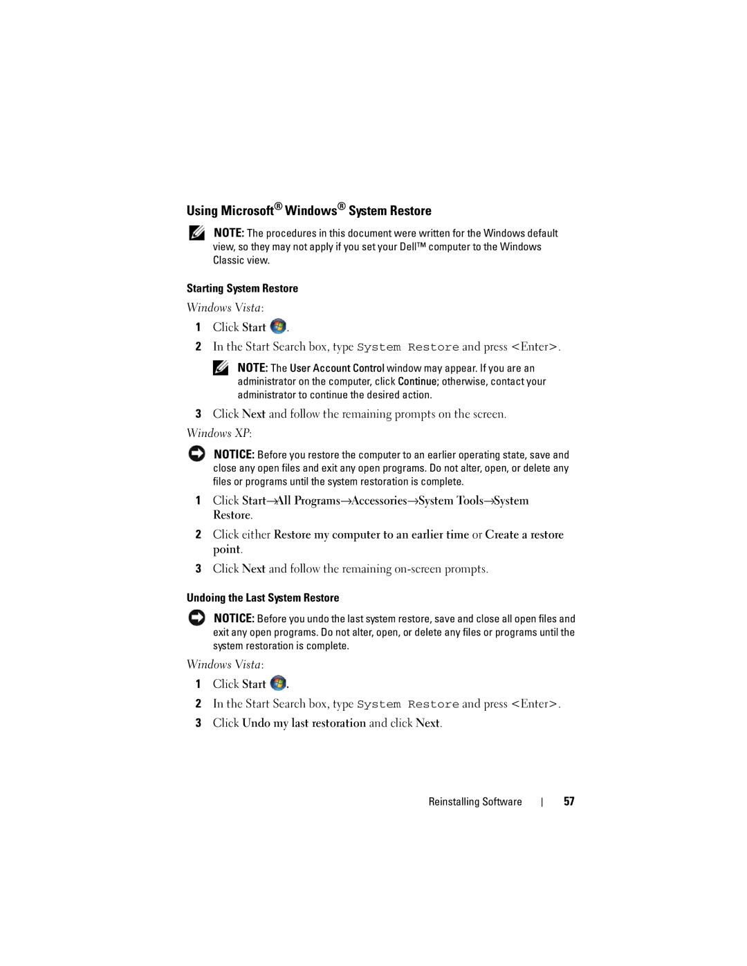 Dell H698D, DCCY, DCTR, DCNE specifications Using Microsoft Windows System Restore 