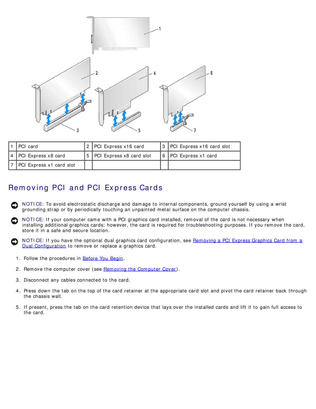 Dell DCDO, 710 H2C service manual Removing PCI and PCI Express Cards 