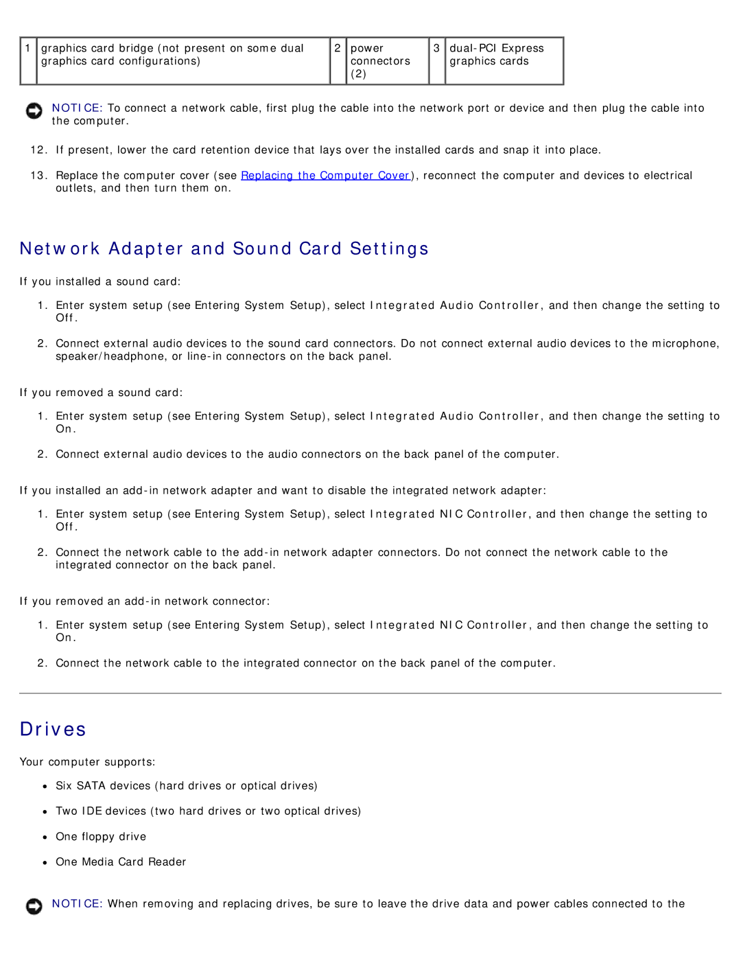 Dell 710 H2C, DCDO service manual Drives, Network Adapter and Sound Card Settings 