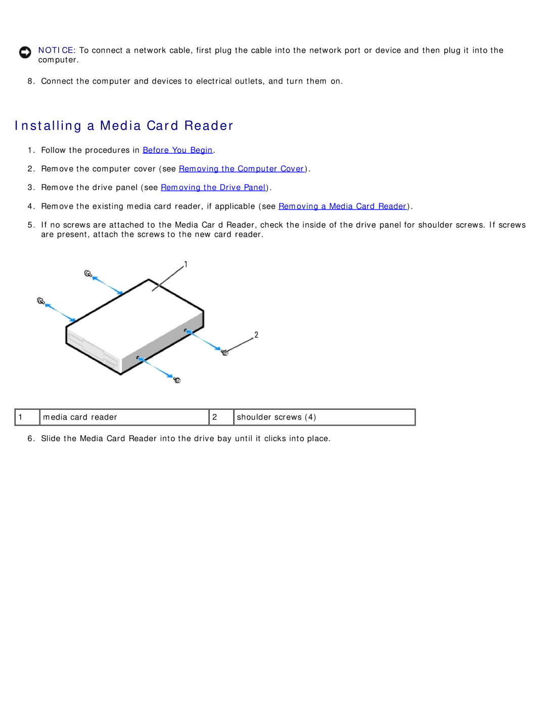 Dell 710 H2C, DCDO service manual Installing a Media Card Reader 