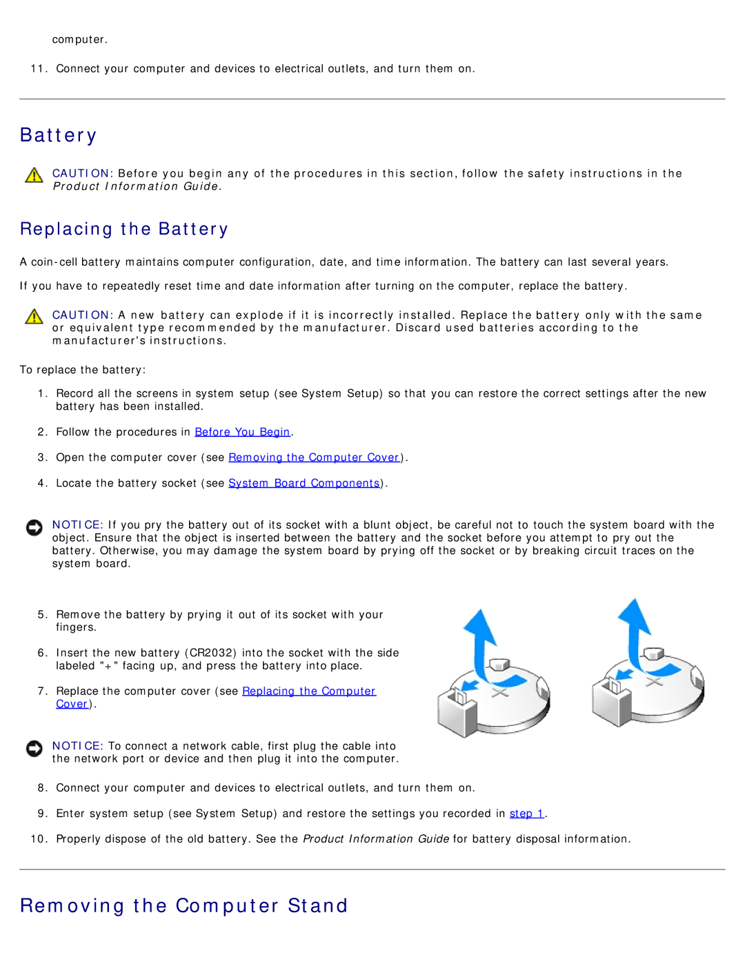 Dell DCDO, 710 H2C service manual Removing the Computer Stand, Replacing the Battery 