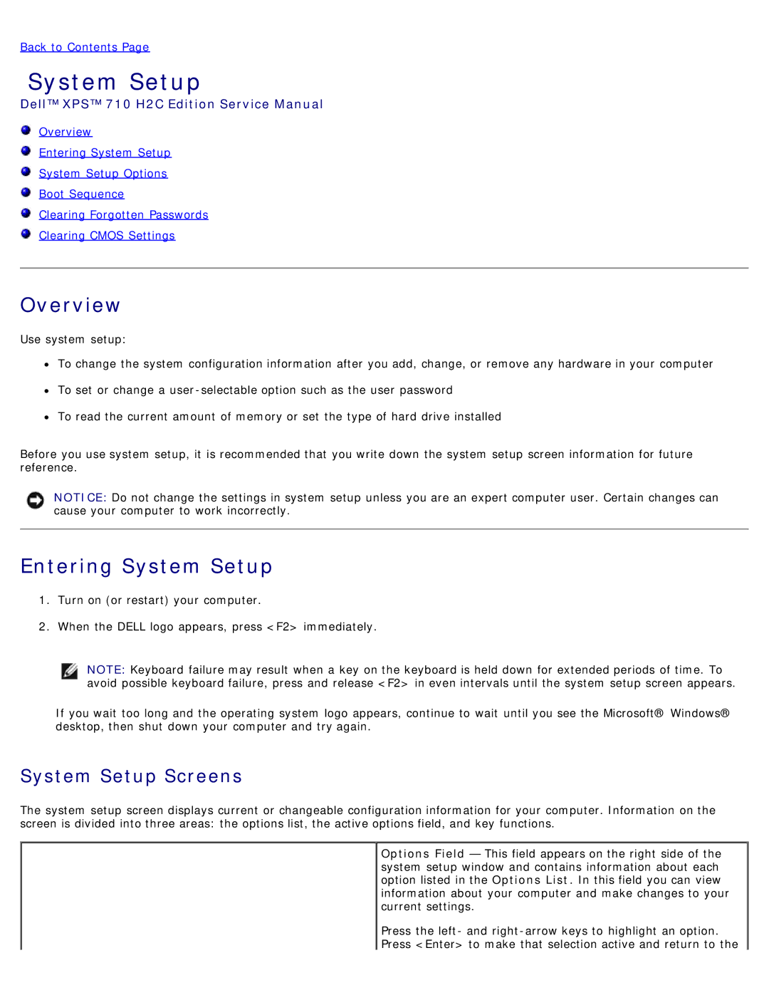 Dell 710 H2C, DCDO service manual Overview, Entering System Setup, System Setup Screens 