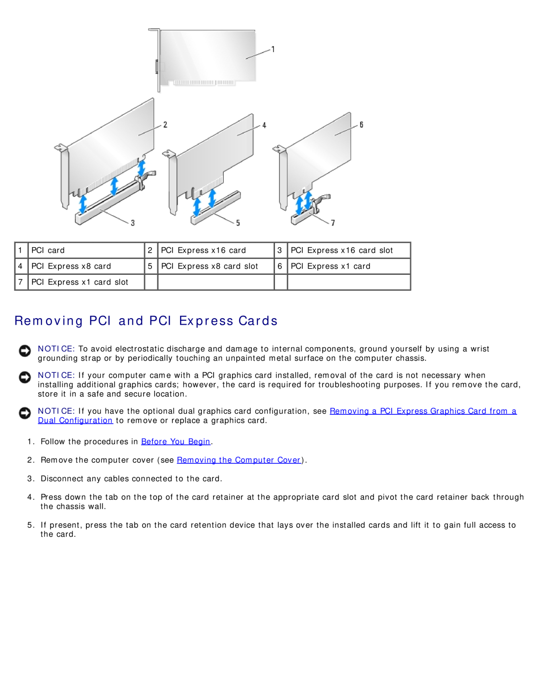 Dell DCDO, 710 H2C service manual Removing PCI and PCI Express Cards, PCI Express x16 card slot 