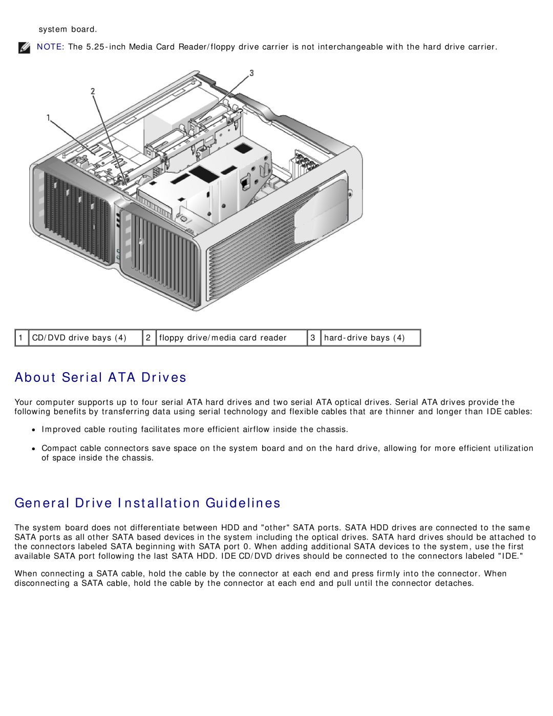 Dell DCDO, 710 H2C About Serial ATA Drives, General Drive Installation Guidelines, system board, 1 CD/DVD drive bays 