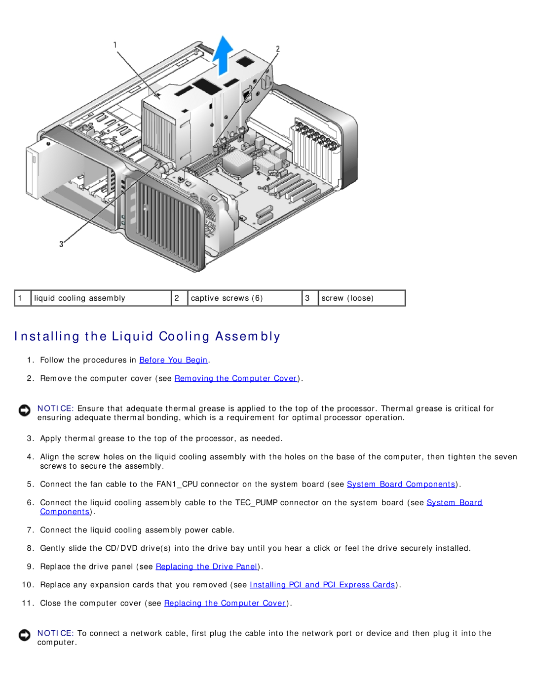 Dell 710 H2C, DCDO service manual Installing the Liquid Cooling Assembly 