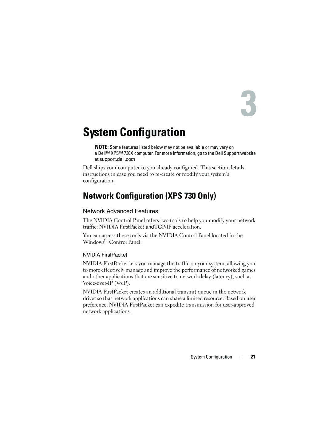 Dell C100J, DCDO manual System Configuration, Network Configuration XPS 730 Only, Network Advanced Features 