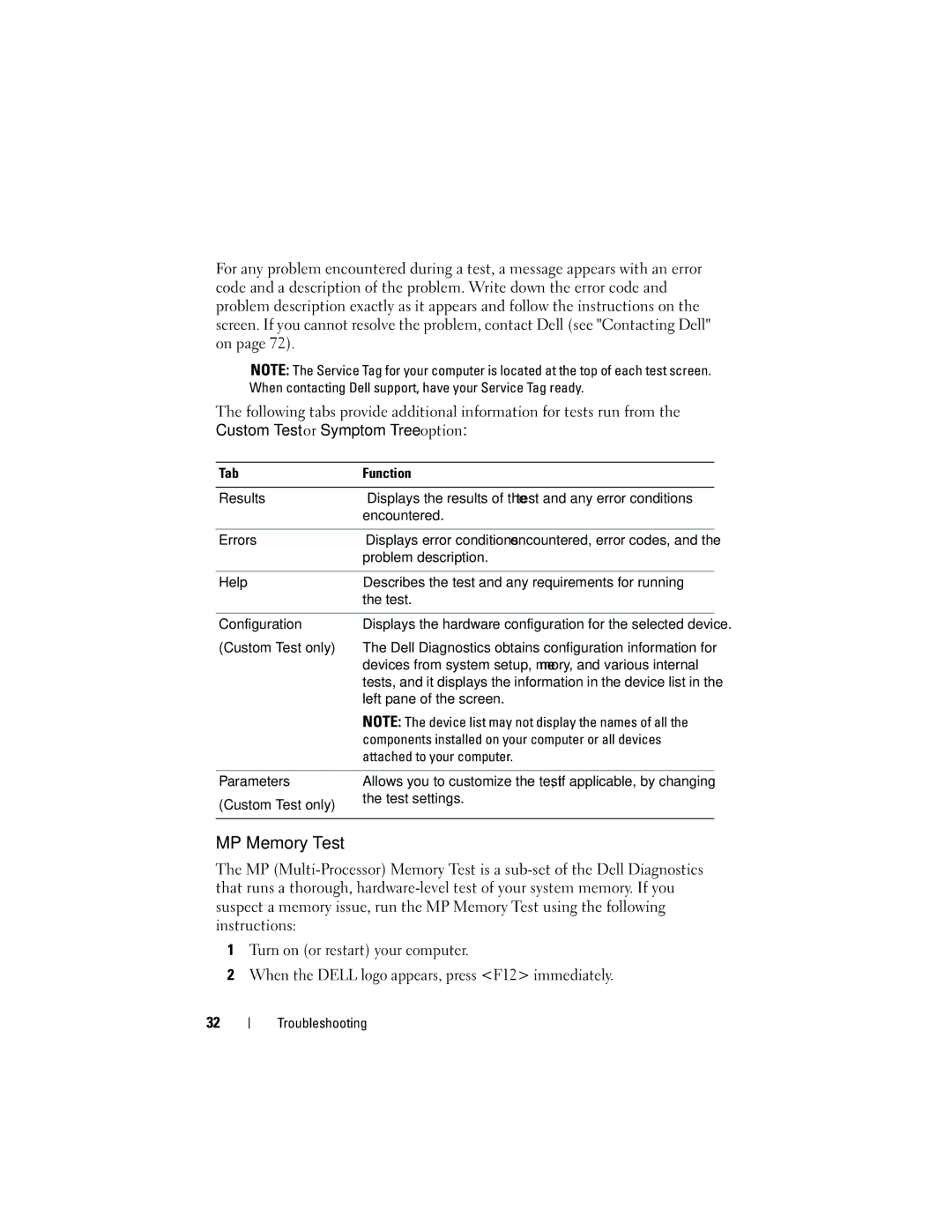 Dell DCDO, C100J manual MP Memory Test 