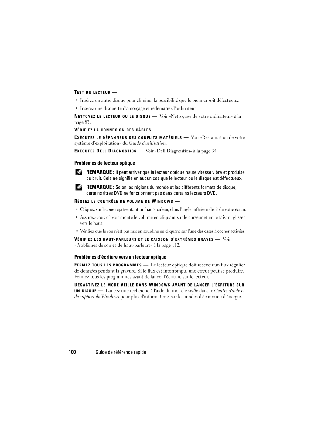 Dell DCDO manual Problèmes de lecteur optique, Problèmes décriture vers un lecteur optique, 100 