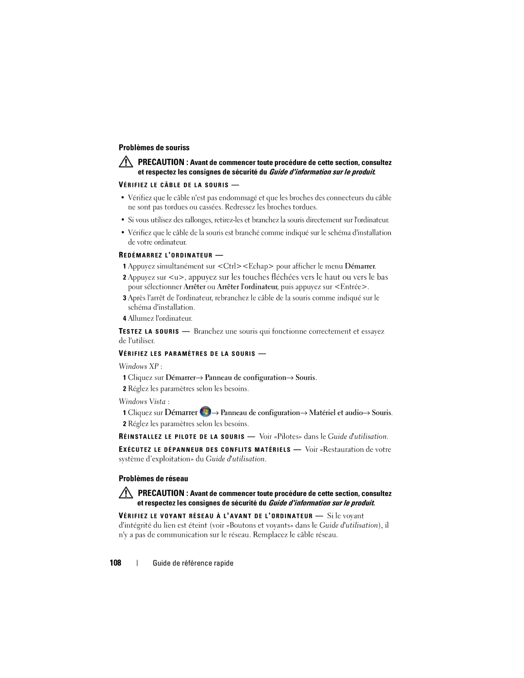 Dell DCDO manual Problèmes de souriss, Problèmes de réseau, 108, Cliquez sur Démarrer→ Panneau de configuration→ Souris 