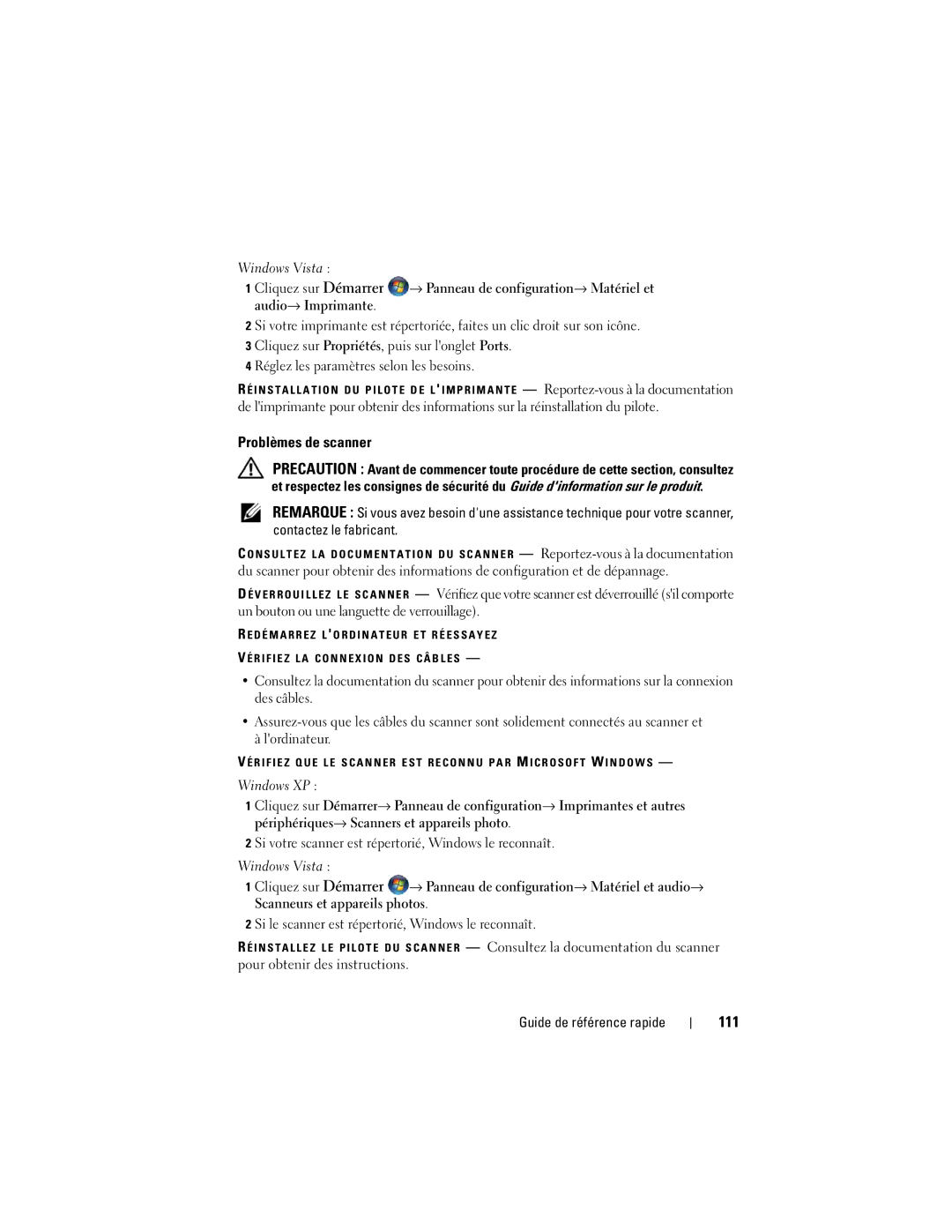 Dell DCDO manual Problèmes de scanner, 111, Si votre scanner est répertorié, Windows le reconnaît 