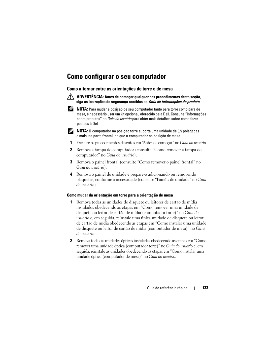 Dell DCDO manual Como configurar o seu computador, Como alternar entre as orientações de torre e de mesa, 133 