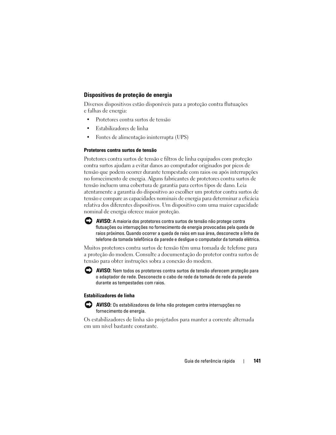 Dell DCDO manual Dispositivos de proteção de energia, Protetores contra surtos de tensão, Estabilizadores de linha, 141 