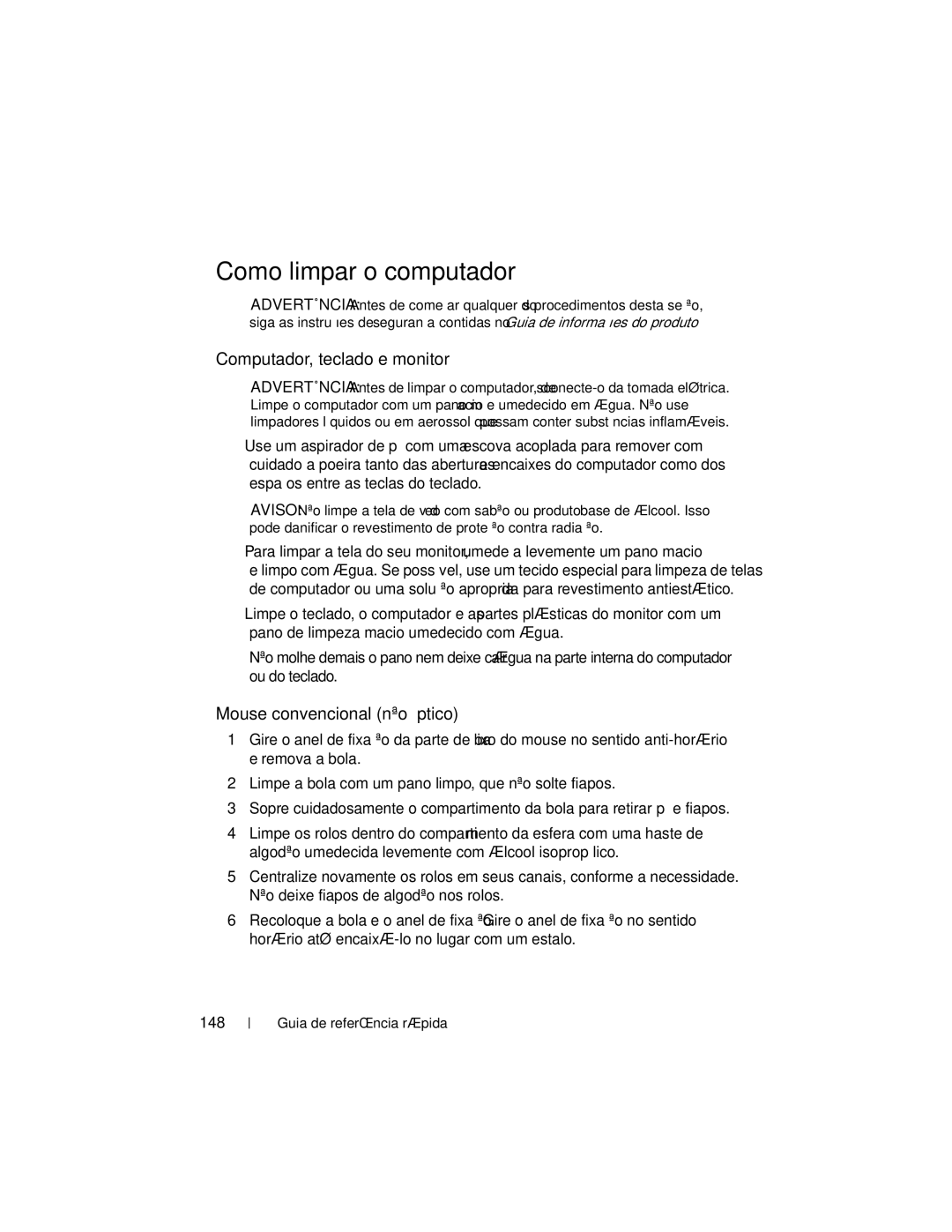 Dell DCDO manual Como limpar o computador, Computador, teclado e monitor, Mouse convencional não óptico, 148 