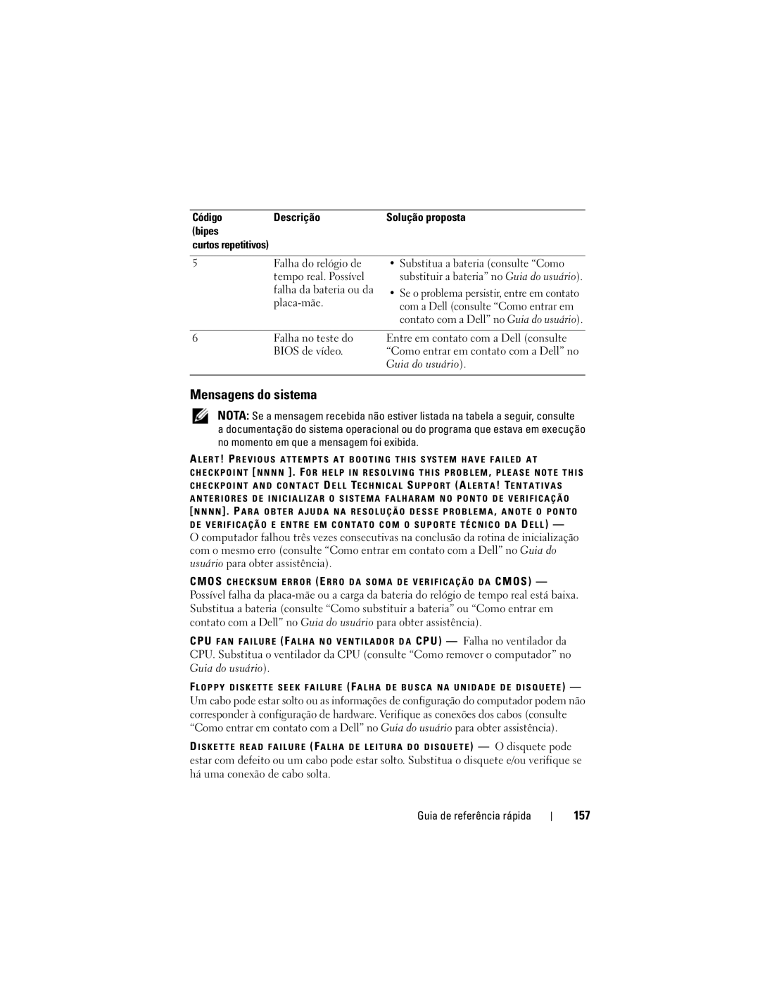 Dell DCDO manual Mensagens do sistema, 157, Código Descrição, Bipes Curtos repetitivos 