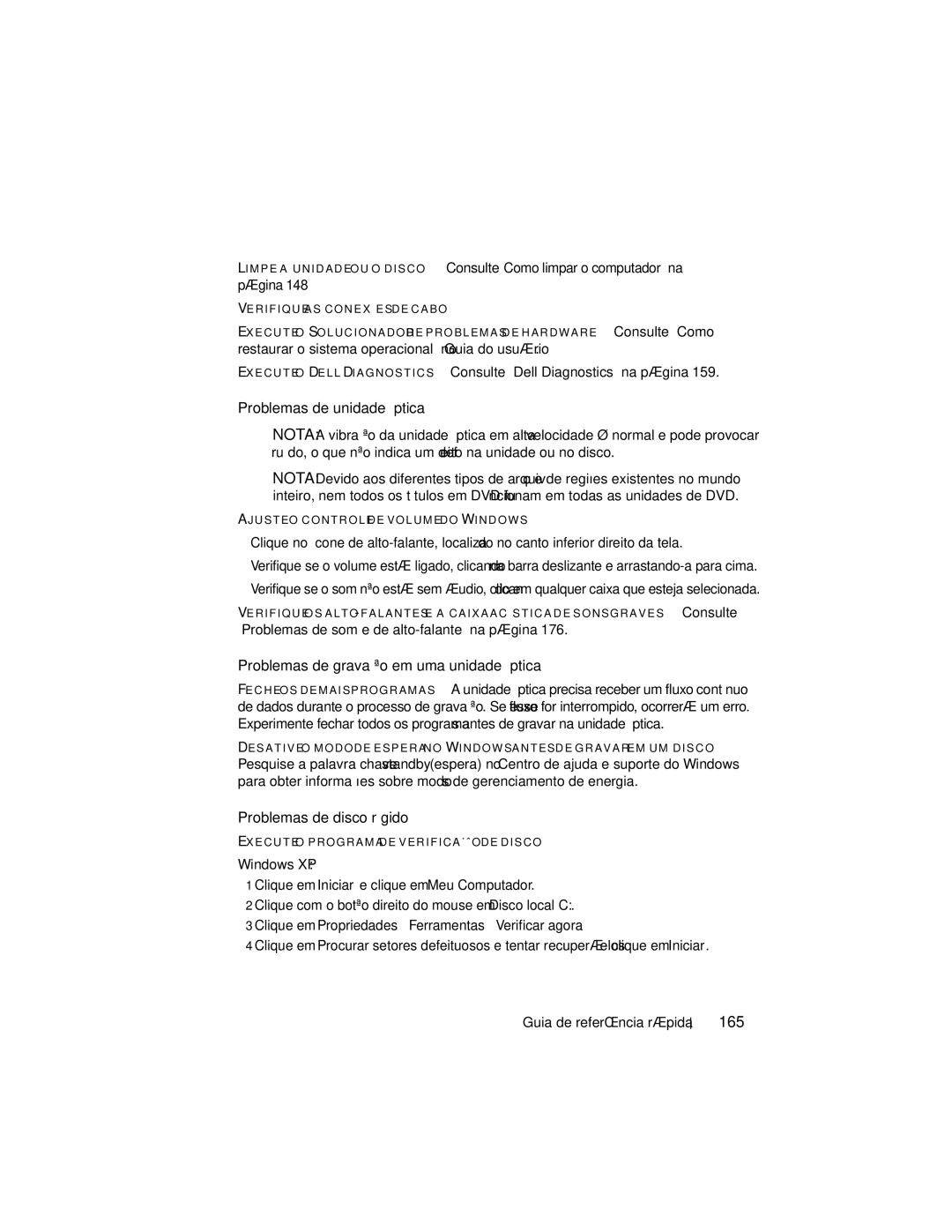 Dell DCDO manual Problemas de unidade óptica, Problemas de gravação em uma unidade óptica, Problemas de disco rígido, 165 