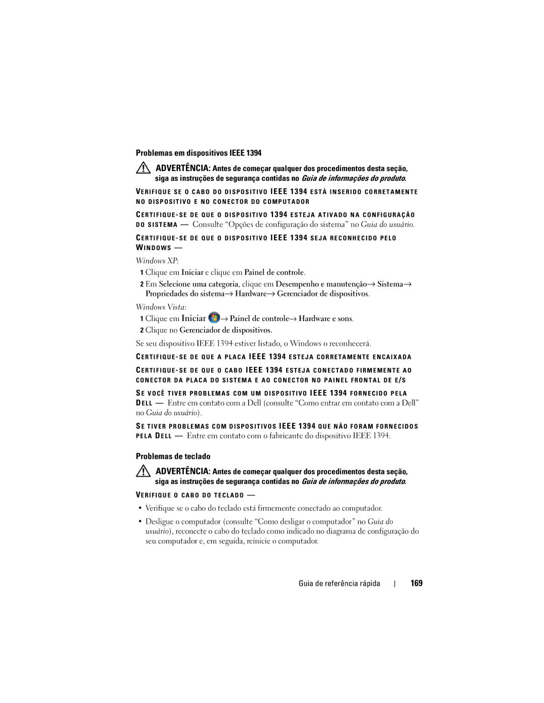 Dell DCDO Problemas em dispositivos Ieee, Problemas de teclado, 169, Clique em Iniciar e clique em Painel de controle 