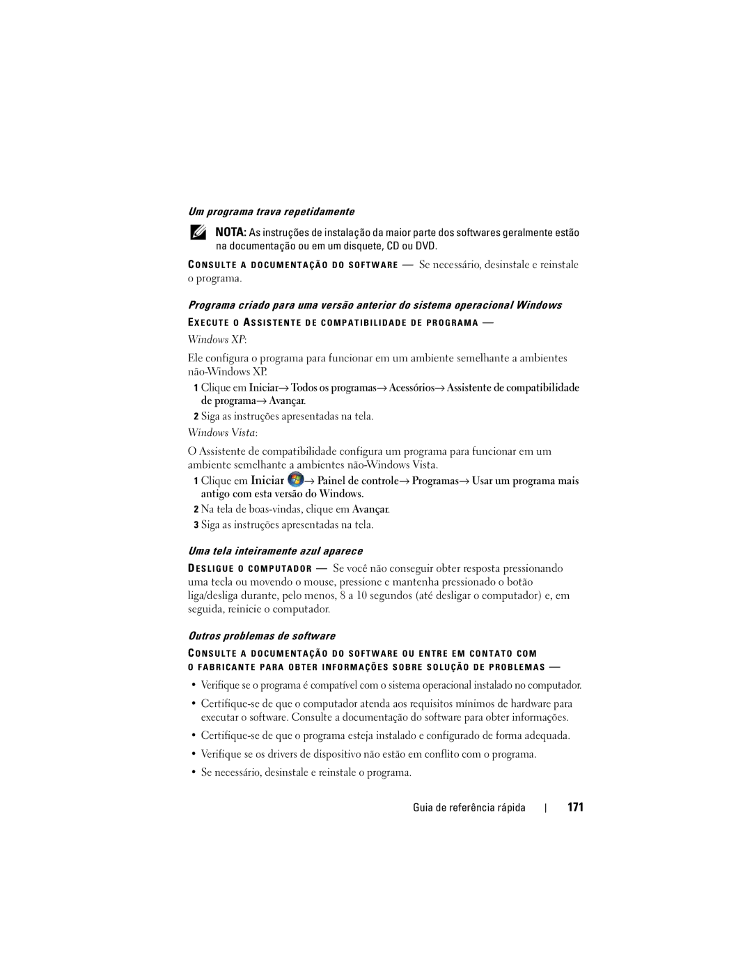 Dell DCDO manual 171, Um programa trava repetidamente, Uma tela inteiramente azul aparece, Outros problemas de software 