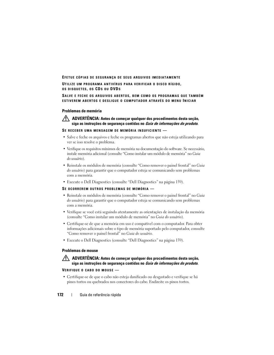 Dell DCDO manual Problemas de memória, Problemas de mouse, 172 