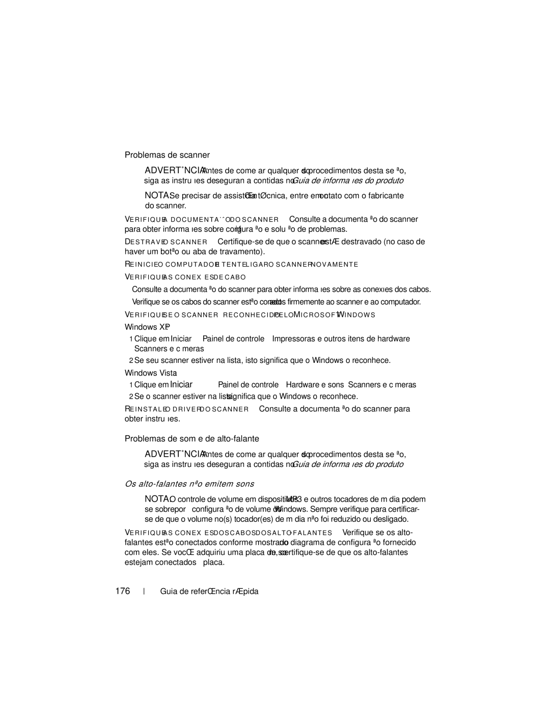 Dell DCDO manual Problemas de scanner, 176, Os alto-falantes não emitem sons 