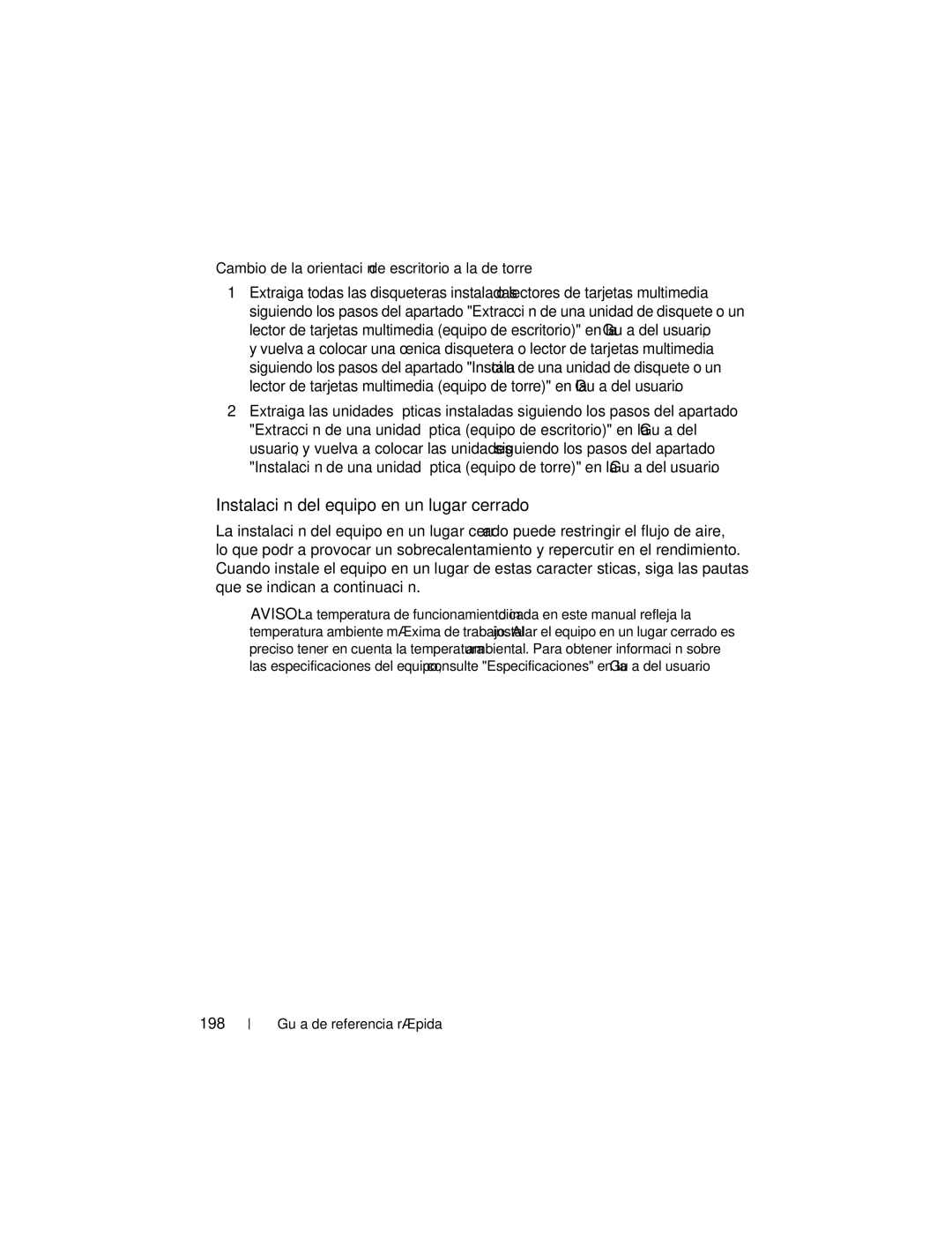 Dell DCDO manual Instalación del equipo en un lugar cerrado, Cambio de la orientación de escritorio a la de torre, 198 