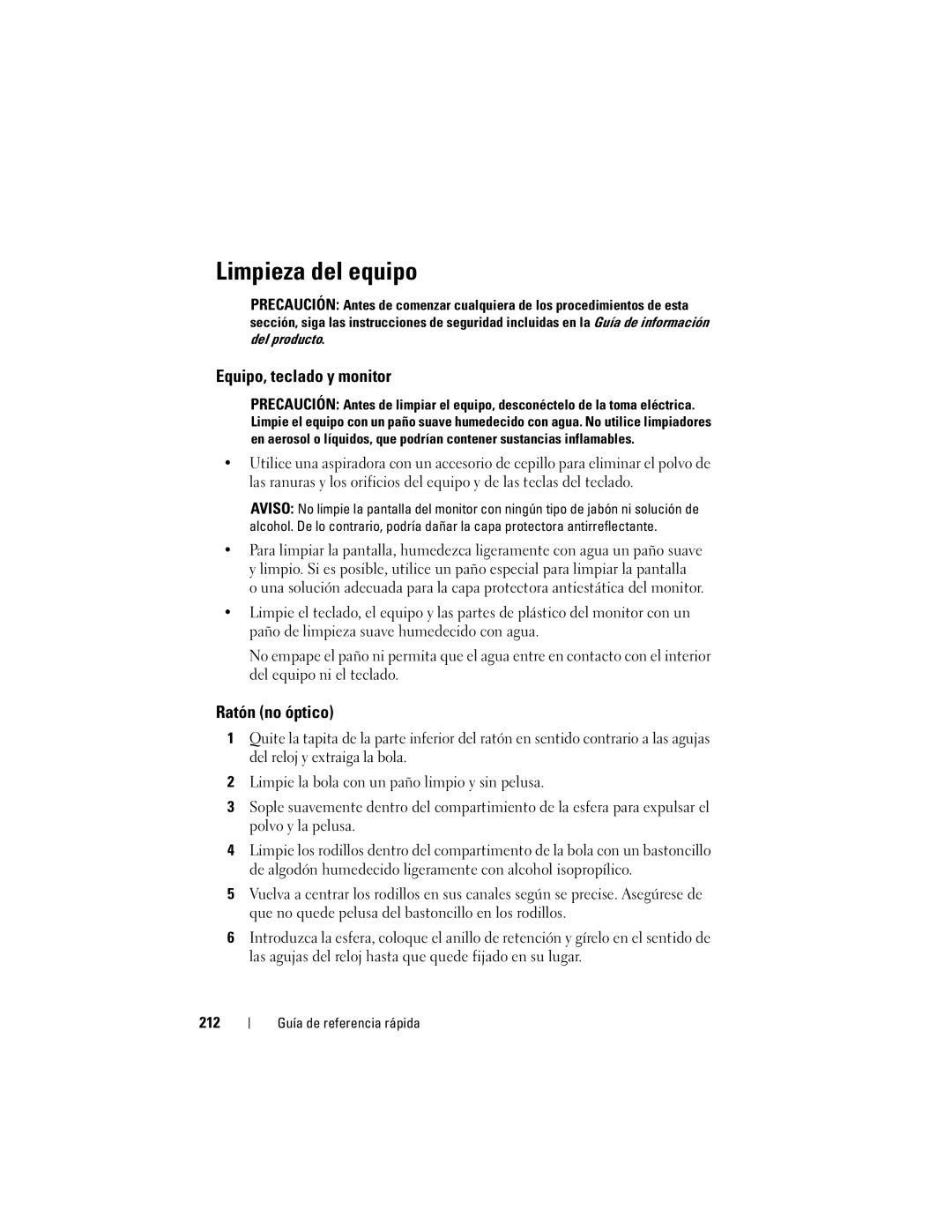 Dell DCDO manual Limpieza del equipo, Equipo, teclado y monitor, Ratón no óptico, 212 