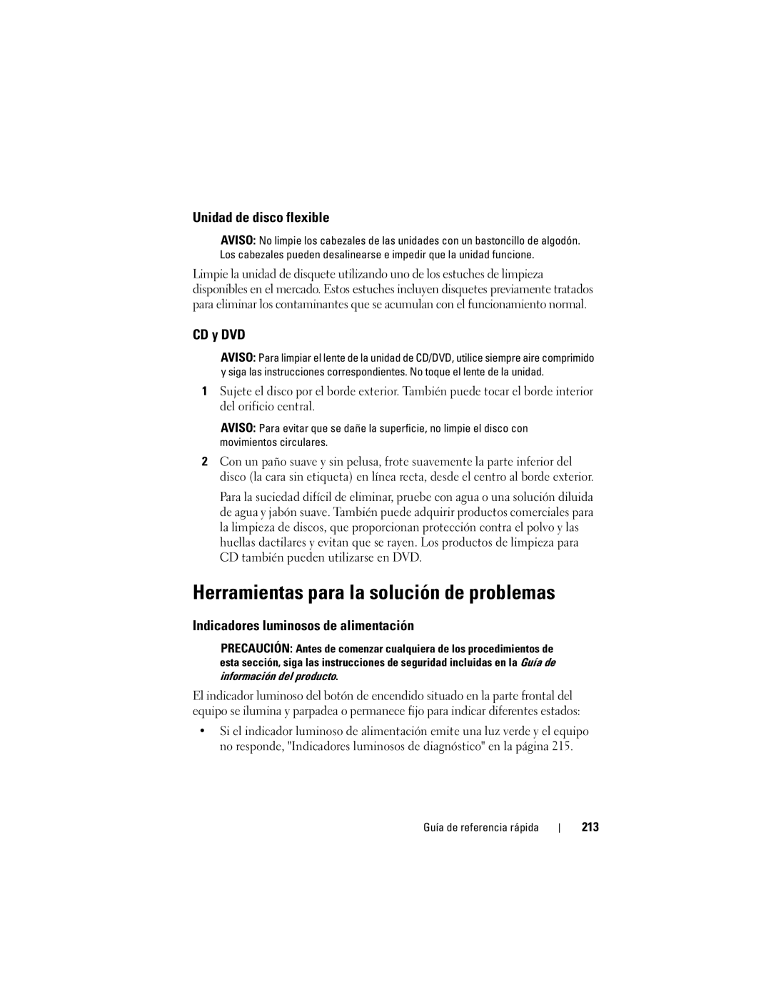 Dell DCDO manual Herramientas para la solución de problemas, Unidad de disco flexible, CD y DVD, 213 