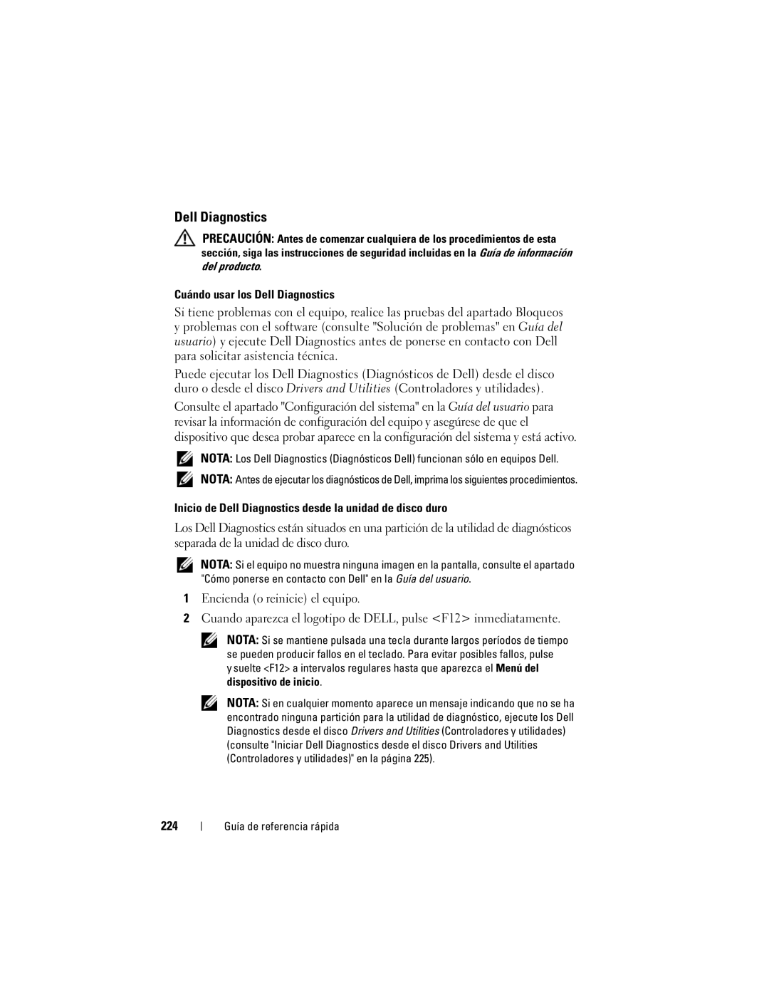 Dell DCDO manual Cuándo usar los Dell Diagnostics, Inicio de Dell Diagnostics desde la unidad de disco duro, 224 