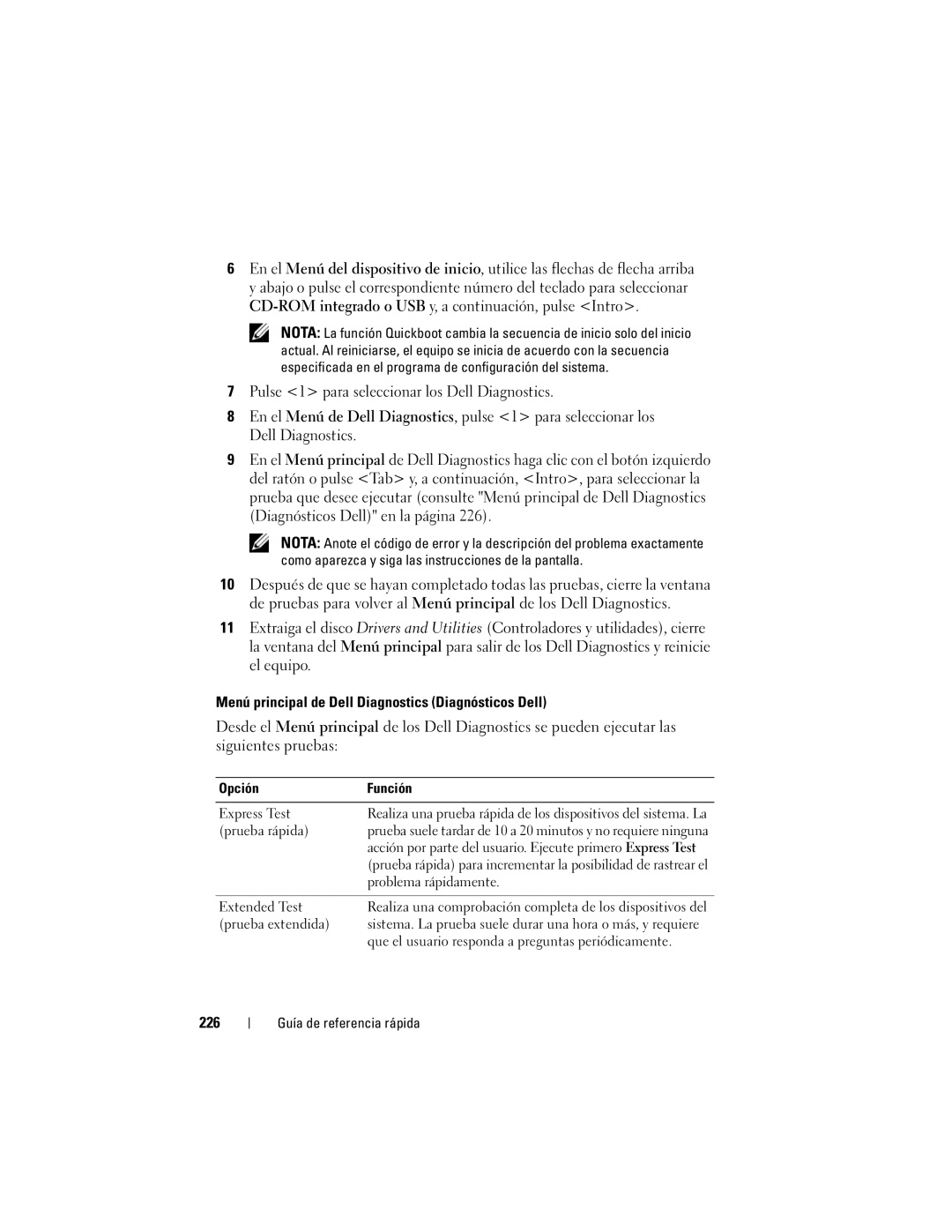 Dell DCDO manual Menú principal de Dell Diagnostics Diagnósticos Dell, 226, Opción Función 