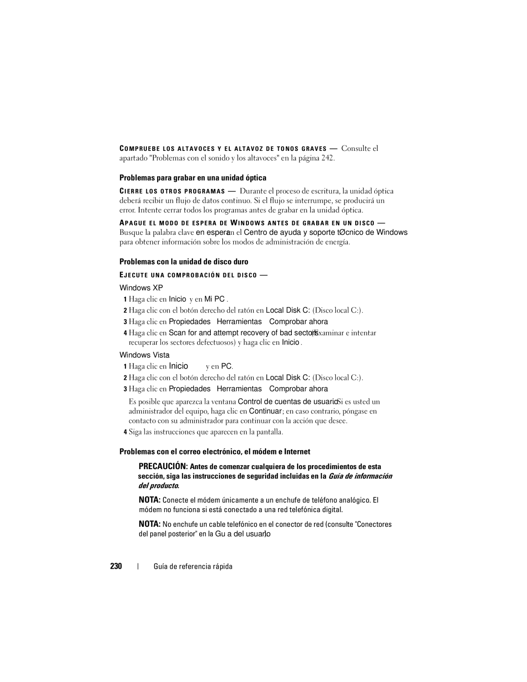 Dell DCDO manual Problemas para grabar en una unidad óptica, Problemas con la unidad de disco duro, 230 