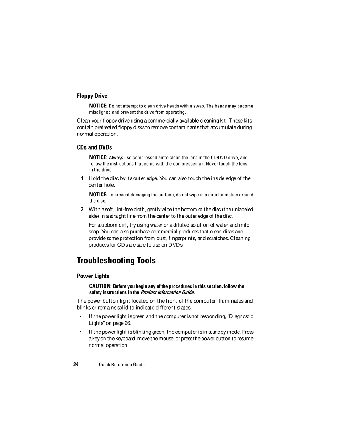 Dell DCDO manual Troubleshooting Tools, Floppy Drive, CDs and DVDs, Power Lights 