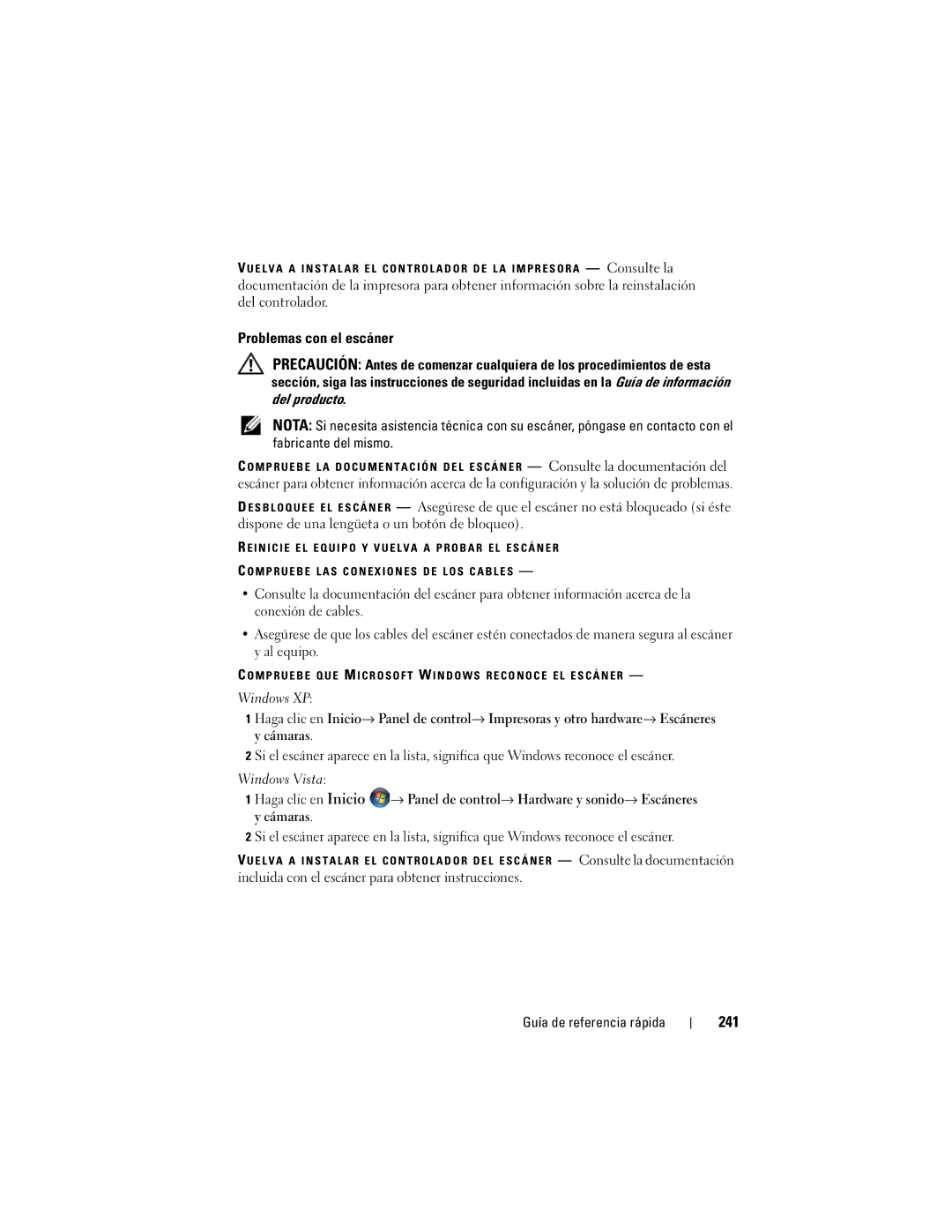 Dell DCDO manual Problemas con el escáner, 241, Incluida con el escáner para obtener instrucciones 