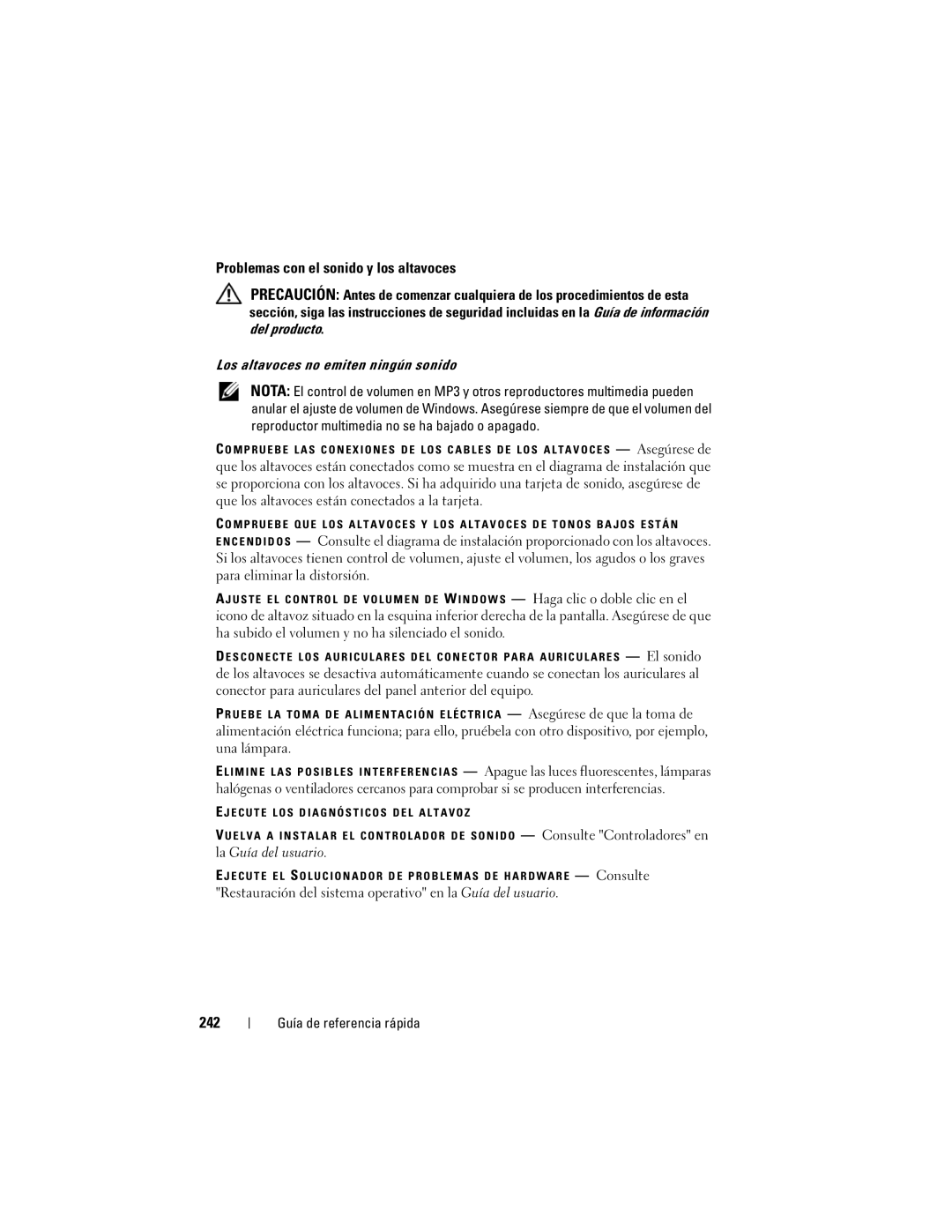 Dell DCDO manual Problemas con el sonido y los altavoces, 242, Los altavoces no emiten ningún sonido 